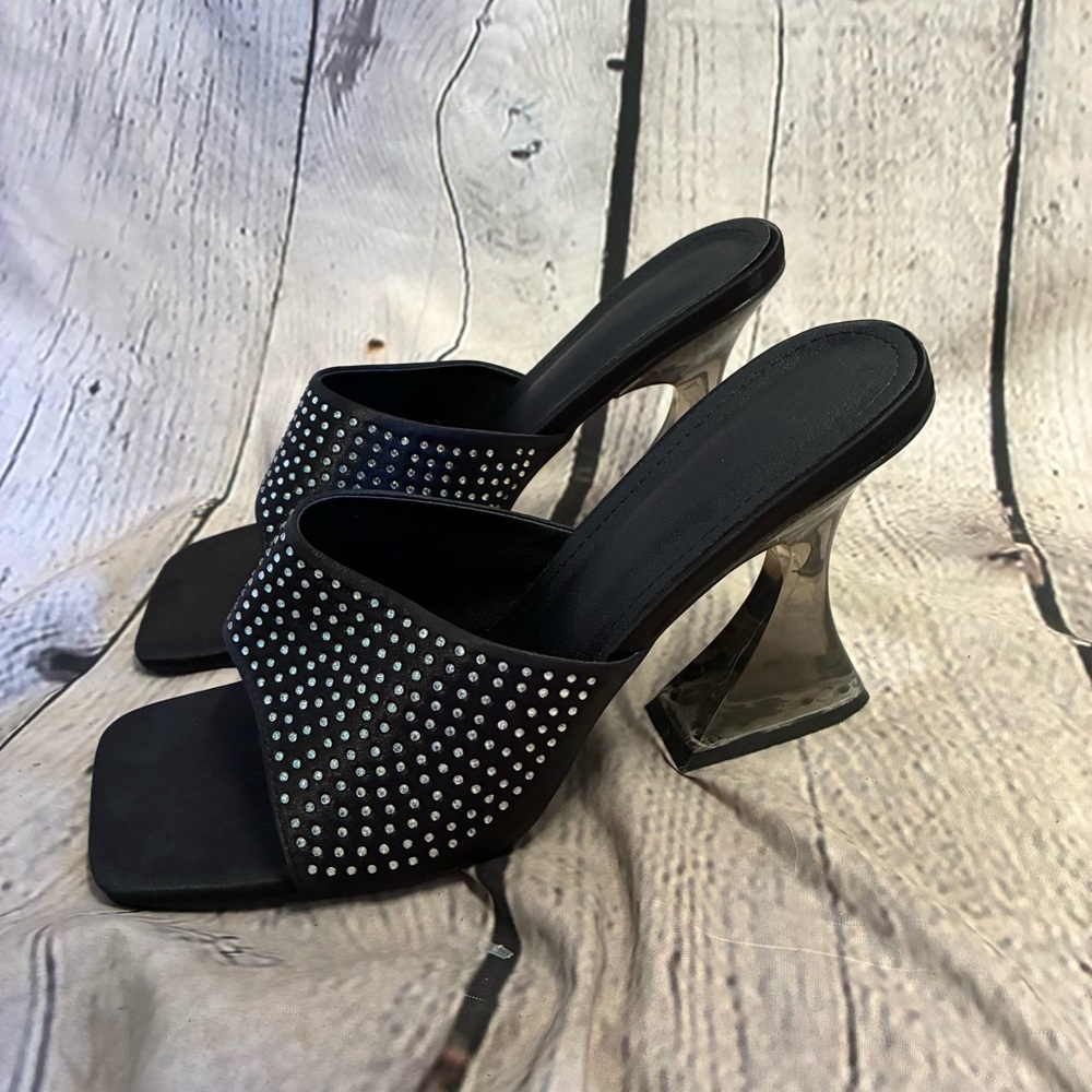 Retro Y2K Minimalist Baddie Black‎ McBling Clear Stiletto Flare Heel Mules Sz 41